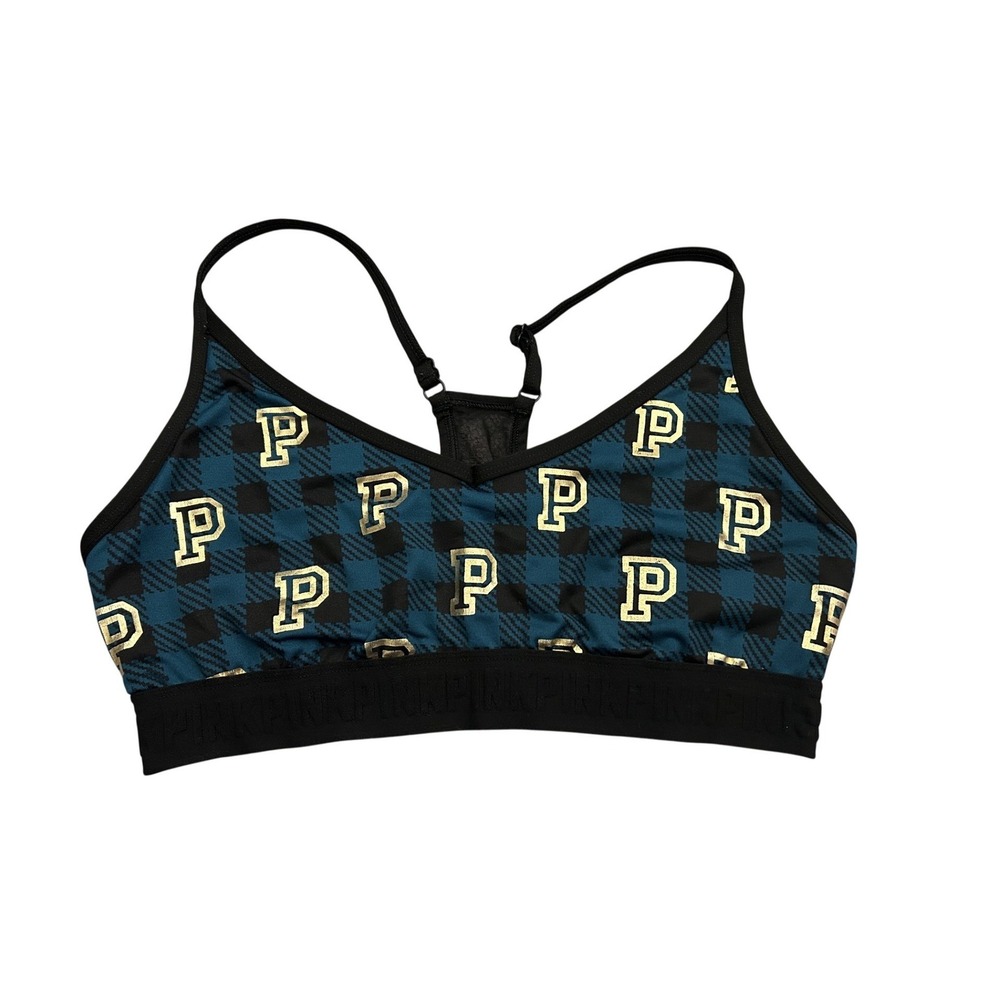 PINK Victoria's Secret Sports Bra Womens‎ Large Teal Plaid Excellent Ultimate